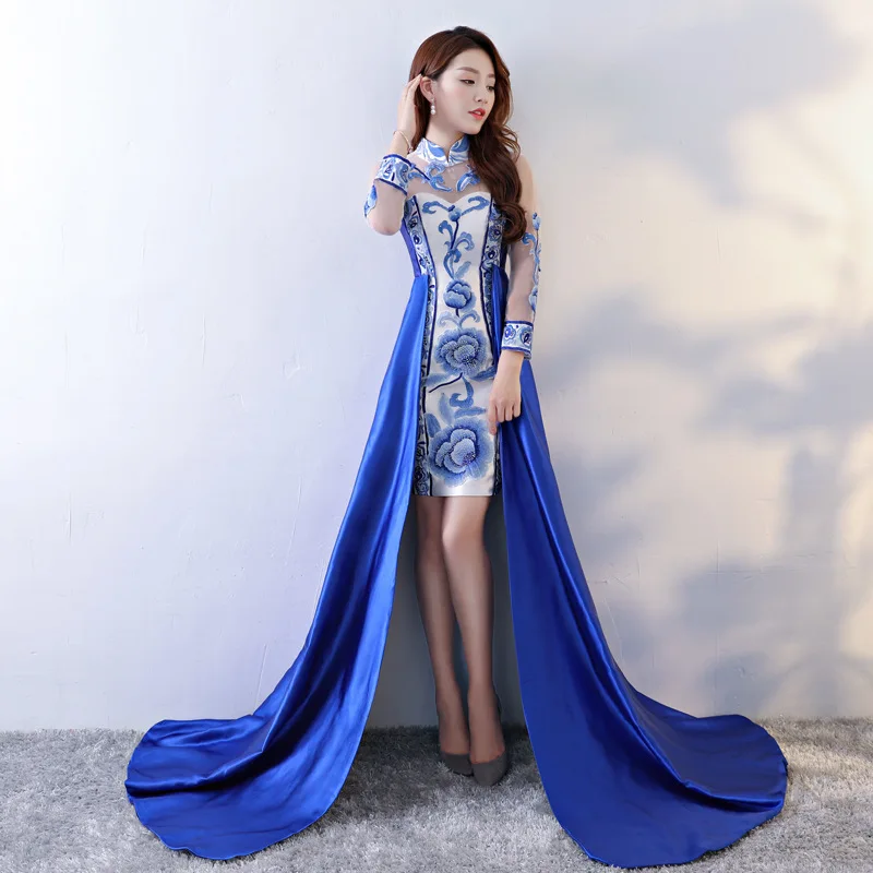 

Blue White Fashion Chinese Evening Dress Long Qipao Embroidery Tailing Party Dresses Traditional Cheongsam Gown China Qi Pao