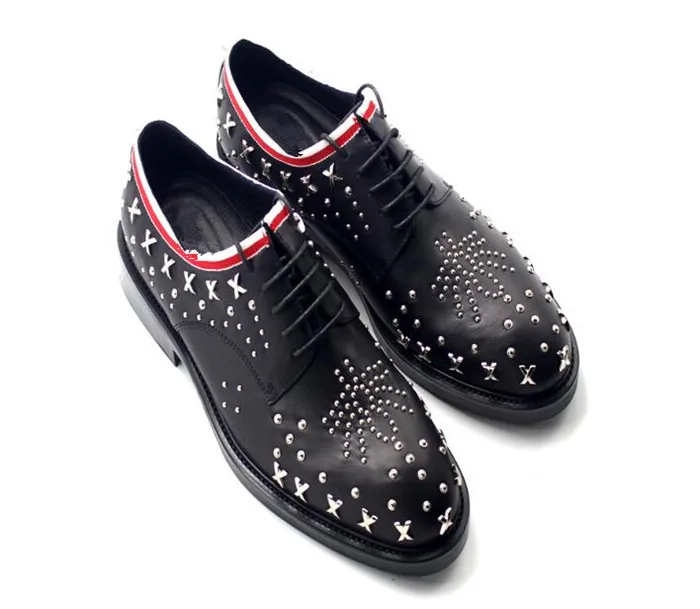 

Autumn Winter New Handmade Rivets Men Round Toe Lace-up Oxford Shoes Beeswax Striped White Cloth Dress Shoes Derby Shoes