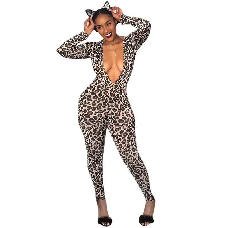 Leopard Jumpsuit Sexy Overalls for Women Bodysuit Print Lacing Elegant