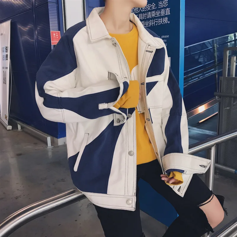 Autumn new denim jacket men fashion contrast color stitching bomber jacket Man streetwear hip hop loose tooling wind jacket Autumn new denim jacket men fashion contrast color stitching bomber jacket Man streetwear hip hop loose tooling wind jacket