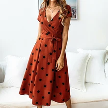 Elegant Polka Dot Long Dress Summer Sexy V-Neck Dresses Vestidos For Woman Ladies Mid-calf Wrap Dresses Red Blue Beach Dress Elegant Polka Dot Long Dress Summer Sexy V-Neck Dresses Vestidos For Woman Ladies Mid-calf Wrap Dresses Red Blue Beach Dress