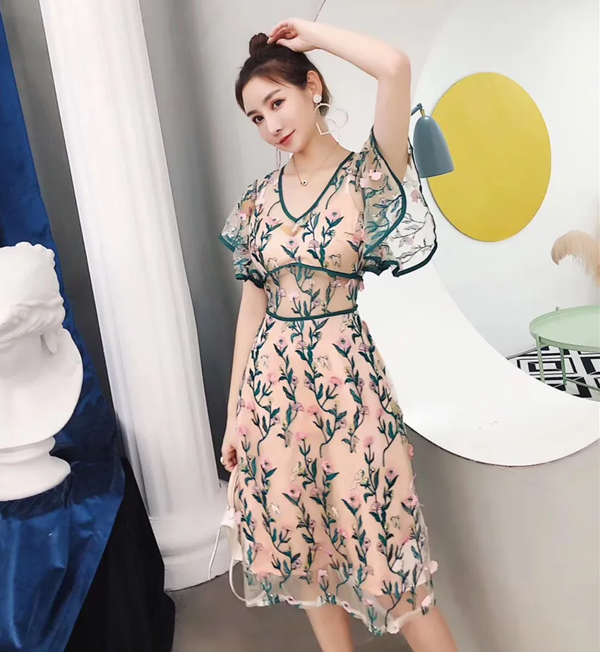 Comelsex женское вечернее платье из Тайланда высокого качества летнее Сетчатое Цветочное платье с вышивкой винтажное платье с коротким рукавом 3d v-образным вырезом