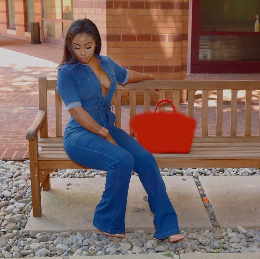 

Sexy Women Denim Jumpsuit Turn Down Collar Short Sleeve Slim Jumpsuit Long Pants Jeans Rompers