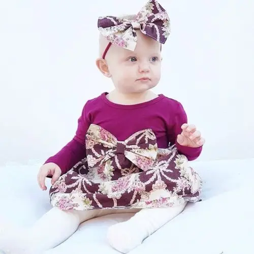 

Newborn Kid Baby Girls Floral Dress Party Pageant Princess Patchwork Bow Tutu Dress+Headband Cute Clothes