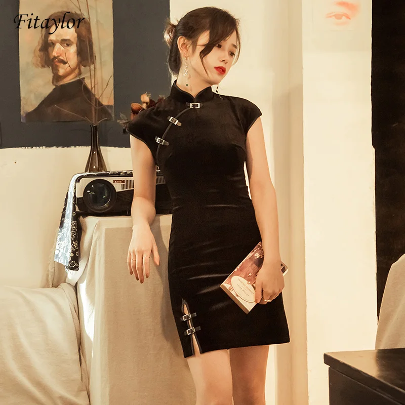 

Fitaylor Summer Velvet Dress Women Dress Chinese Cheongsam Retro Sexy Dress Slim Leather Button Mini Dresses Women