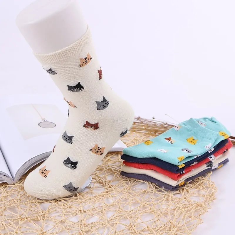 1 пара, хлопковые носки-трубы средней высоты, женские дышащие милые забавные Носки с рисунком кота, повседневные мягкие теплые носки средней длины на осень и зиму