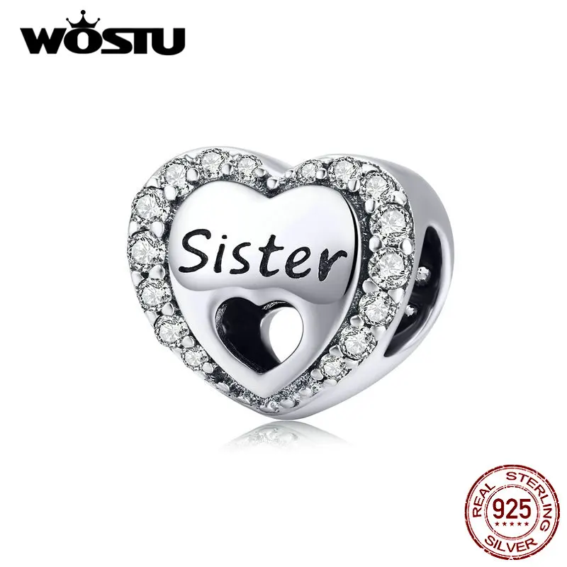 

WOSTU 925 Sterling Silver Sister's Love Heart Bead Clear CZ Fit Original Bangle Charm DIY Bracelet Accessories Jewelry CQC1141