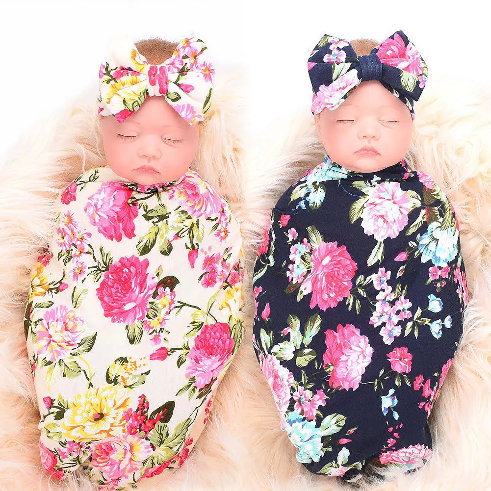 Pudcoco Newborn Baby Girl Receiving Swaddle Blanket Set Headband Bow Flowers Floral Cute