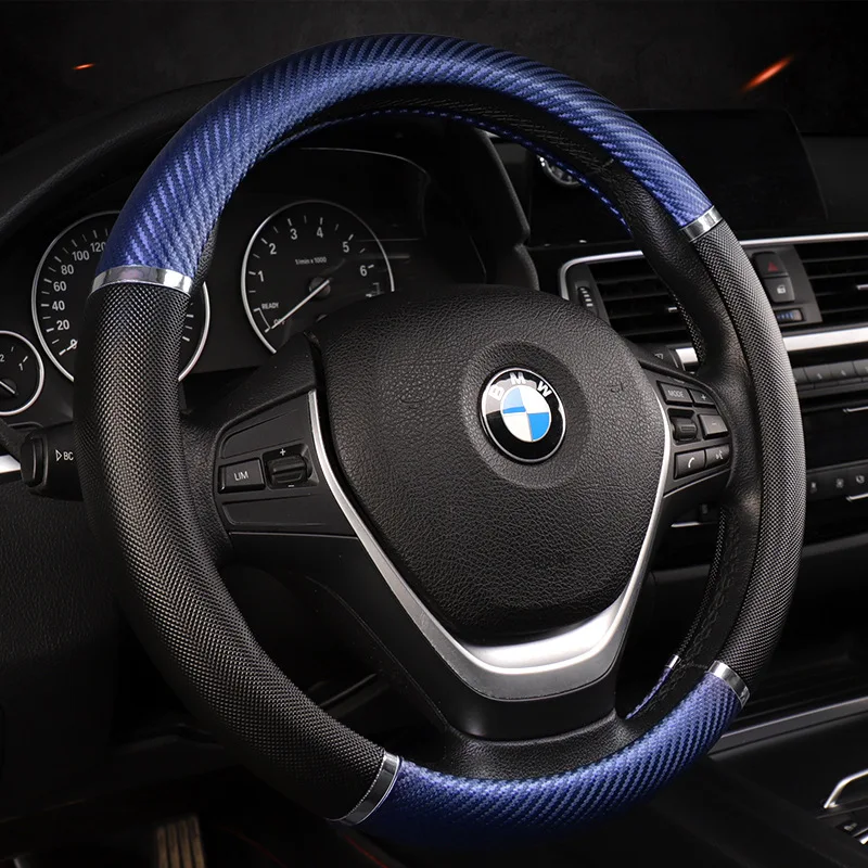 

Carbon Dynamic Metal Sport Steering Wheel Cover Leather Car Steering Accessories Black Blue Wheel Covers Case