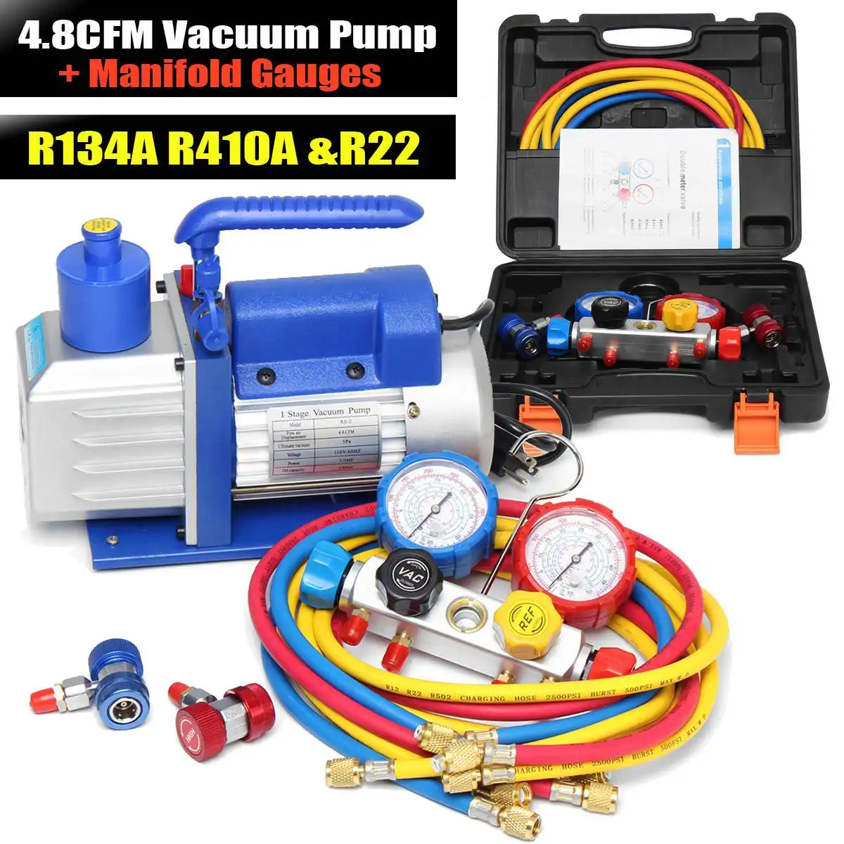 

4.8CFM Vacuum Pump R134A R22 R410A HVA/C Refrigerant W/4Value Manifold Guage Pumps Analysis Vacuum Pump For Air Conditioning