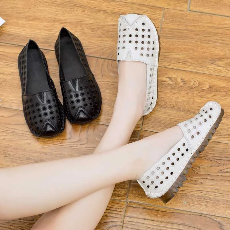

Genuine Leather Manual Soft Bottom Sandals Woman Non-slip Hollow Flat Bottom Single Shoe