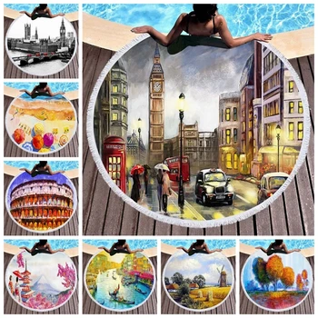 

Round Microfiber Beach Towel With Tassel London Rome Japan Landscape Printed Beach Towel For Living Room Home Decor Adults Towel