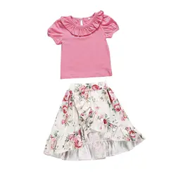 2 предмета детская одежда для малышки Лето Цветочный принт хлопок футболки длинная юбка наряды одежда Летняя Одежда для девочек