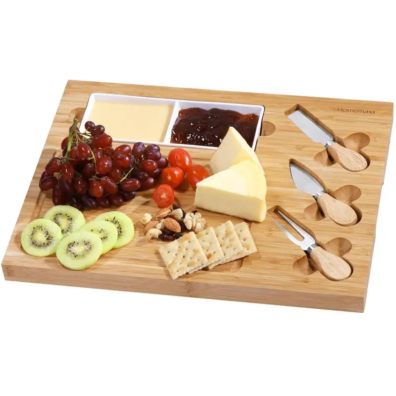 

Cheese Board with Cutlery Ceramic Plate Set Charcuterie Platter Serving Tray Wooden Server for Wine Crackers Brie and Meat
