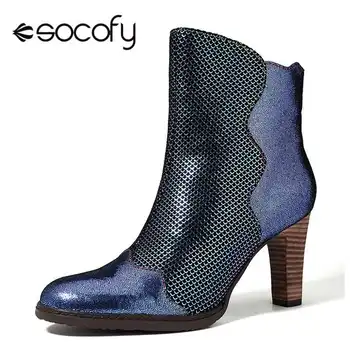 

Socofy Retro Genuine Leather Boots Women Shoes Woman Size Zipper 8cm High Heels Ankle Boots Autumn Winter Vintage Booties Botas