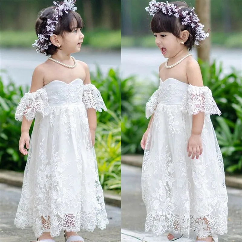 

Sweet Long Maxi Lace Dress Toddlers Summer Off Shoulder V-Neck Lace Crochet Pageant Party Fancy Dresses Kids Girl Clothes