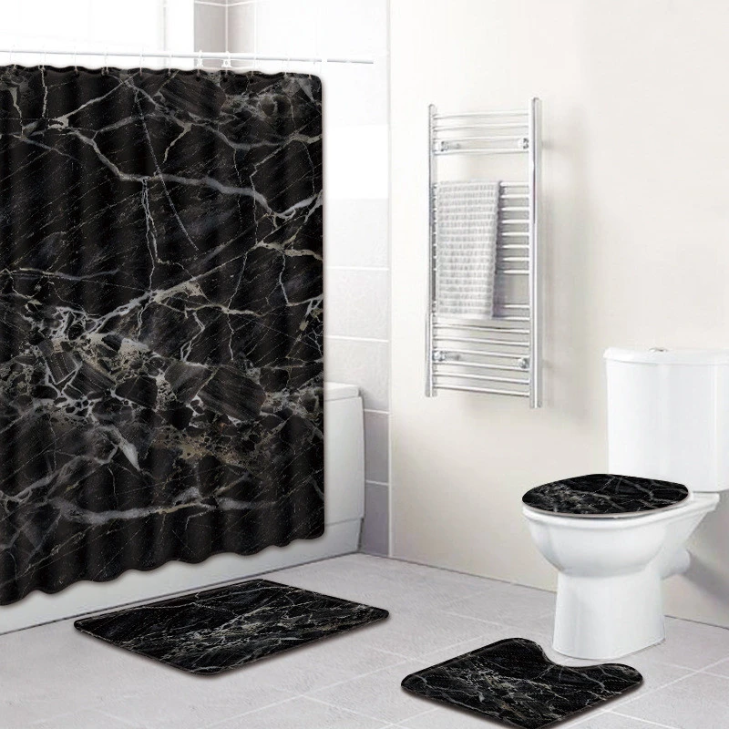 Marble Pattern Pedestal Rug Bathroom Mat Set Toilet Seat Lid Cover Bath Mats 
