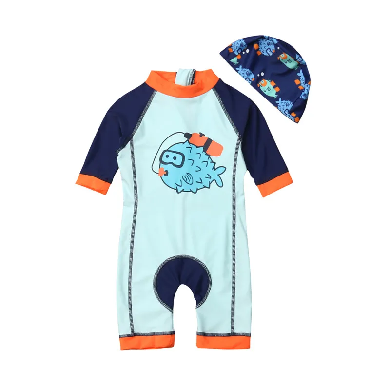 

Toddler Kids Baby Boy Rash Guard Cartoon Print Sun Protective Surf Beach Swimming Cap Swimwear Swimsuit