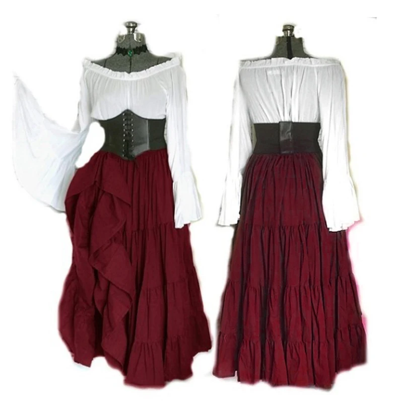 

Women Vintage Style Steampunk Gothic Victorian Medieval Off Shoulder Dress +belt