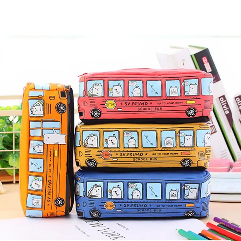 

Korean Style Innovative Small Animal Pattern Bus Shaped Student Stationery Bag Cartoon Canvas Pen Pencil Case