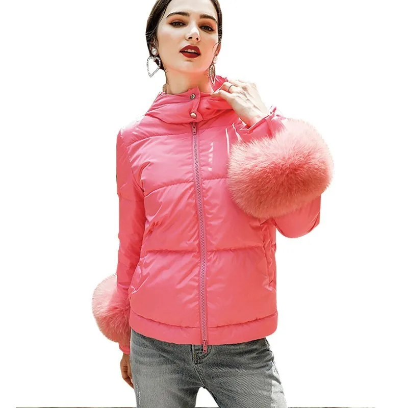 

Peach Red Down Parka Short Fox Fur Long-sleeved Women Down Jacket 2018 New Female Personality Fashion Winter Hooded Coat HJ72