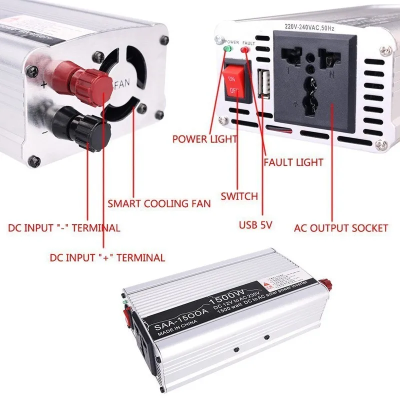 Инвертор DC 12 В к AC 220 В 1500 Вт инвертор автомобиля источник питания с Умный вентилятор улучшения синусоидального источника питания