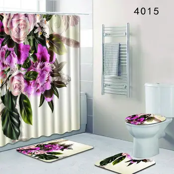 

4Pcs/Set Flowers Printing Series Non-Slip Toilet Pad Cover Bath Mat + Shower Curtain Set