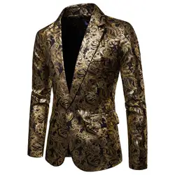 Для мужчин одна кнопка золотой фольги штамповки золотой цветочный принт костюм DJ клубный сценический Свадебный спортивный костюм тонкий