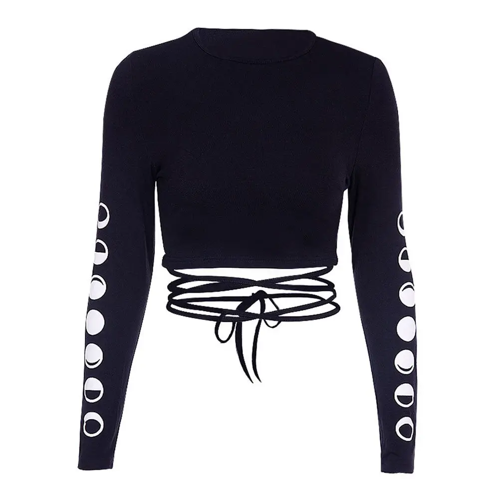 Rosetic Harajuku Goth Solid Black Crop T Shirt Short length Hollow Out Printed Moon Long Sleeve Top Tee Bandage Sexy Punk Street