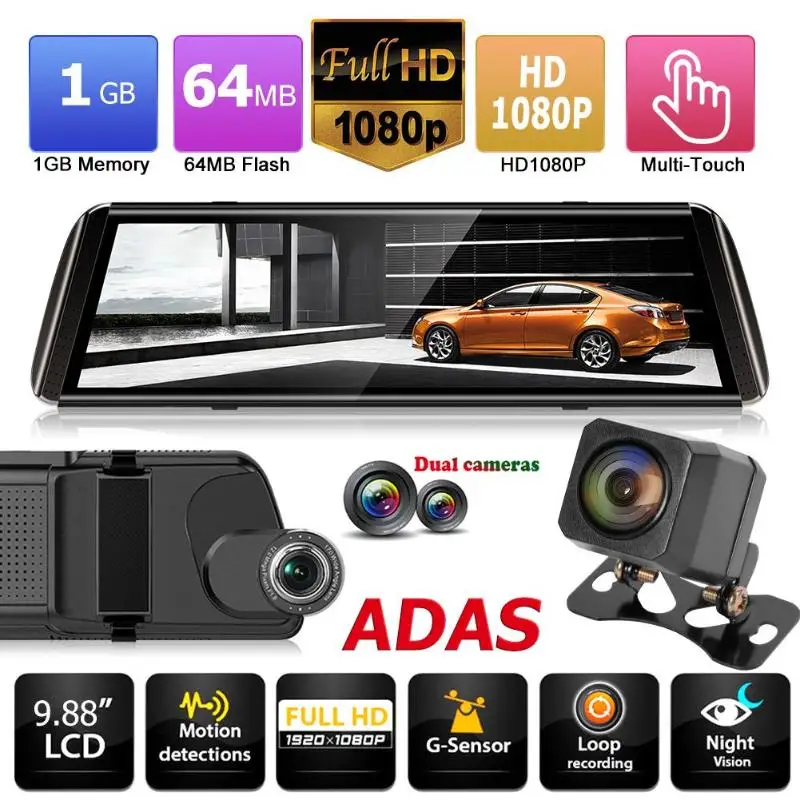 

Anytek T500+ 9.88 Inch Full Touch Screen 1080p+1080p WDR ADAS Car DVR Dash Camera Rearview Mirror Camera Driving Recorder