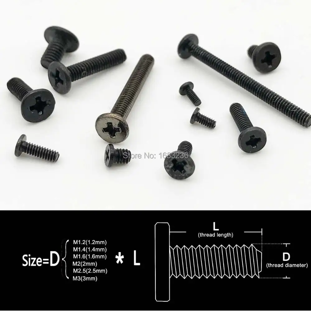 

50pcs M1.2-M3 Black Mini Phillips Wafer Flat Head Screw Bolt Diameter 1.2-3mm Length 2-12mm for Laptop Notebook Computer Phone