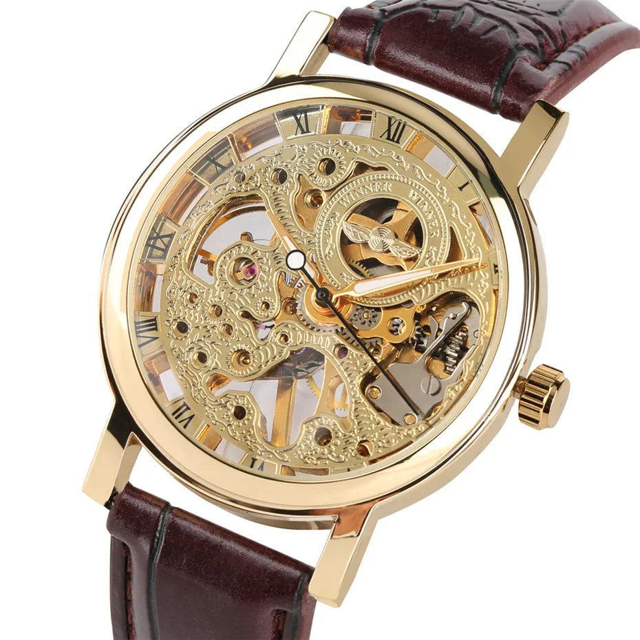 

Silver/Gold Color Skeleton Mechanical Watches Hand Wind Watch Men Genuine Leather Band Casual Male Clock 2019 Man Cifts