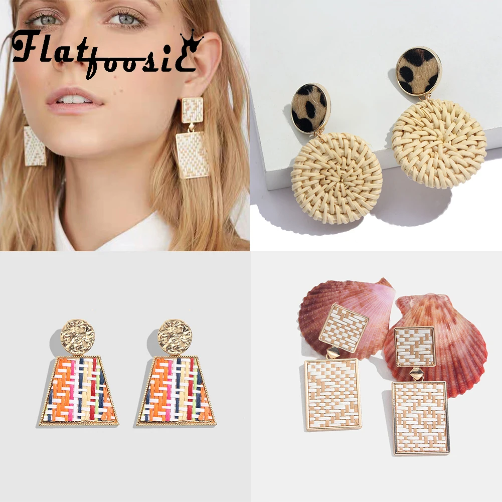 Flatfoosie 2019 New Handmade Wooden Rattan Knit Hanging Earrings For Women Fashion Boho Round Drop Earring Jewelry Accessories