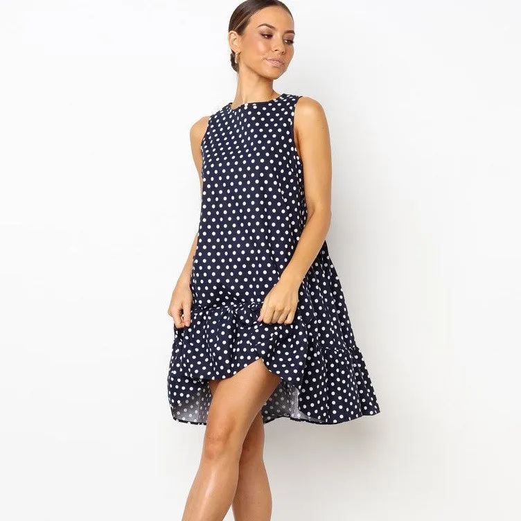 

2019 Summer Women Sweet Ruffled O-Neck Mini Dresses Female Casual Dot Sleeveless Loose Dresses