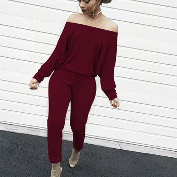 

New Fashion Slash Neck Sexy Jumpsuits Autumn Women Off Shoulder Batwing Sleeve Loose Jumpsuit Casual Long Plus Size Romper