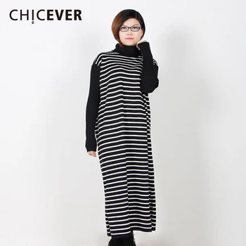 

CHICEVER Striped Knitting Female Sweater For Women Long Sleeve Loose Big Size High Collar Autumn Sweaters Jumper Clothes Fashion