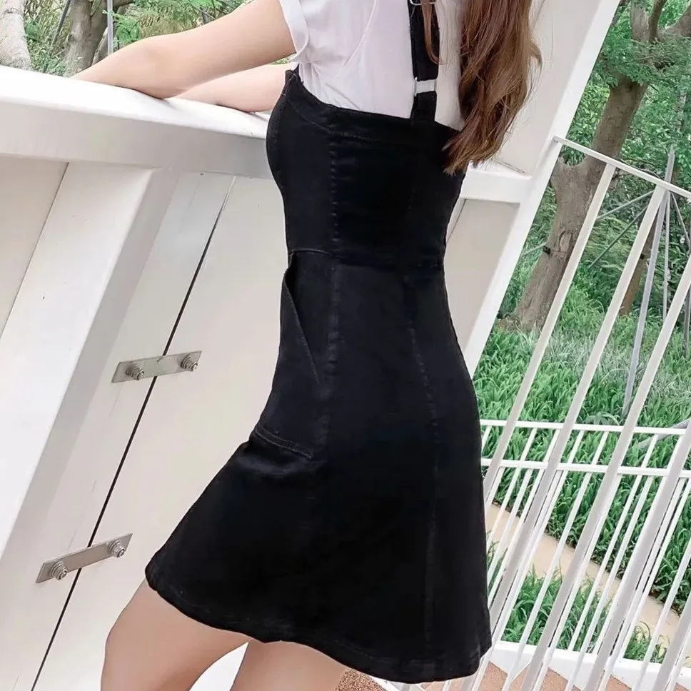 Women Straps High Waist Denim Dress 2019 Summer Solid Single Breasted Mini Jeans Dress Preppy Style Casual Pockets A-Line Dress