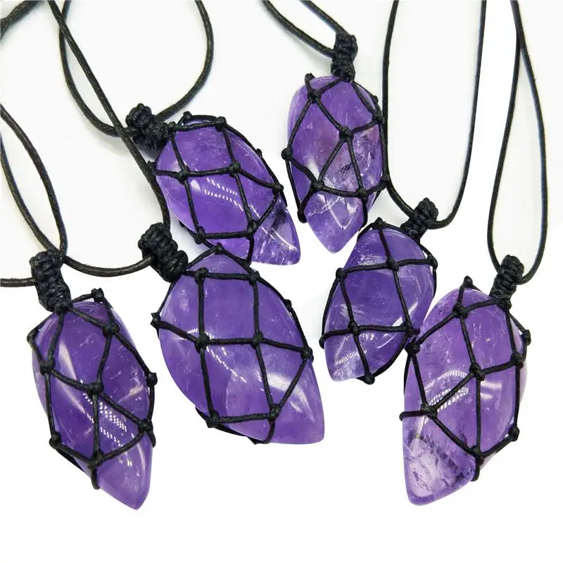 

1Pc Natural Purple Drop Amethyst Quartz Crystal Black Thread Wrapped Pendant Vintage Healing Gemstone Wand Necklace Chain