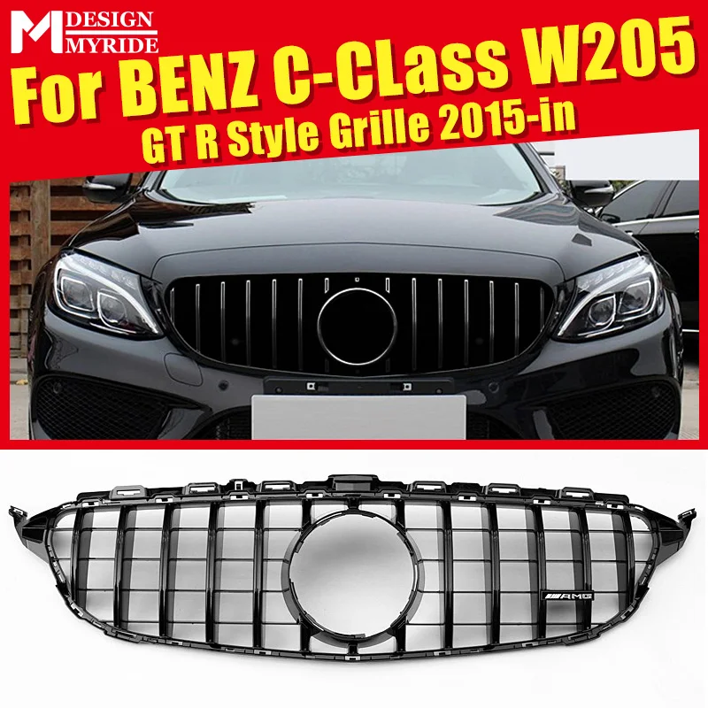 

For Mercedes C Class W205 C205 Sport Coupe C63 Front Grille GrillGTS Look ABS Gloss Black Add on Style without Camera 2015-2018