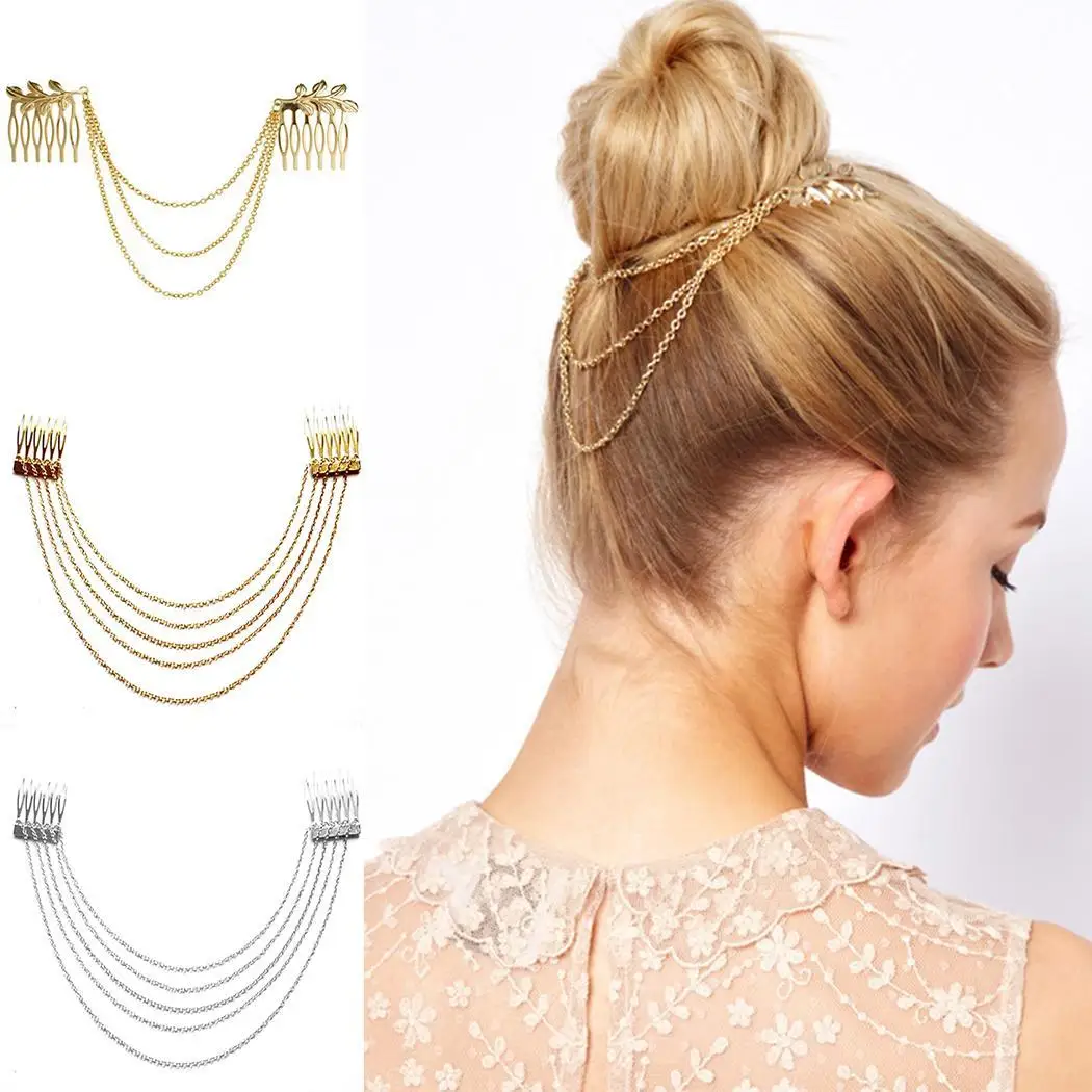 

2019 Hot Sale 1Pc 20cm/7.9inch Fashion Metal Tassel Chain Headband Women Hair Accessories Clip Hair Comb Bridal Leaf Headwear