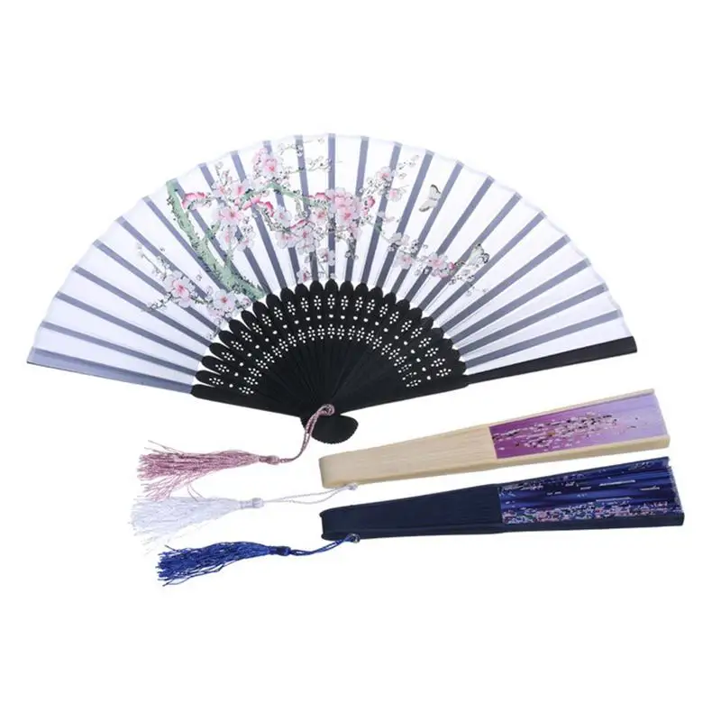 

Chinese Style Decorative Bamboo Fans Lace Fabric Silk Folding Hand Held Dance Fans Flower Party Wedding Prom