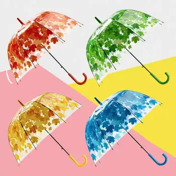 

Sun Rain Umbrella Shade Green Leaf Pattern POE Elastic Plastic Umbrella With Comfortable Anti-Slip Durable And Long Handle