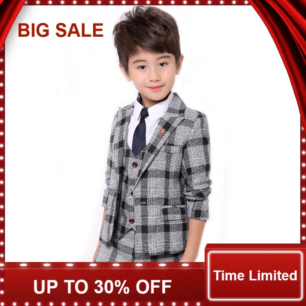 

Boys Formal Suits Fashion Kids Plaid Wedding Blazer Vest Pants Suit Autumn Winter Toddler Boys Gentleman Prom Party