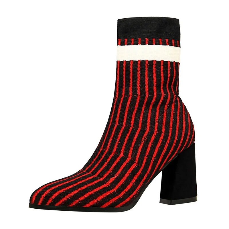 

Winter Fashion Fashion Short Boots Thick and High Heels Horizontal Stripes Warm Sweater Boots Luxury Shoes Women Designers