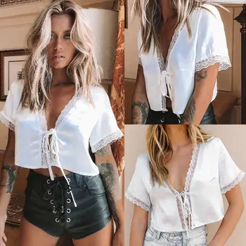 

2019 The Newest Fashion Wear Take Suit More Occasion US Women's Fashion Lace Silk Satin Short Sleeve Crop Top T-Shirt Tee Tops