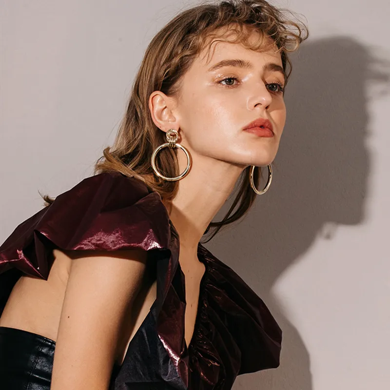 

Punk Round Drop Earrings Gold Metal ZA Party Wedding Fashion Jewelry Large Circle Hollow Earrings Women's Gift Indian Jewelry