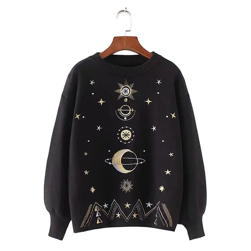 Moon Star Embroidery Vintage Knitting Sweaters Women O-Neck Warm Sweet Pullover Sweater Fashion Girls Tops | Женская одежда
