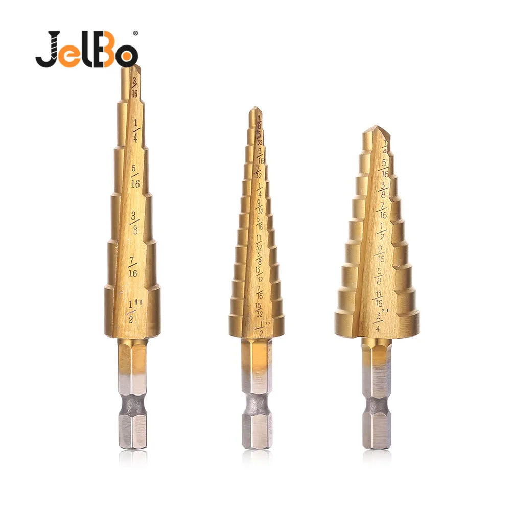 

JelBo 3Pcs HSS Step Drill Bit Set for Metal Drilling Tool Core Drill Bit Hex Titanium Cone Drills Wood Hole Saw Milling Cutter