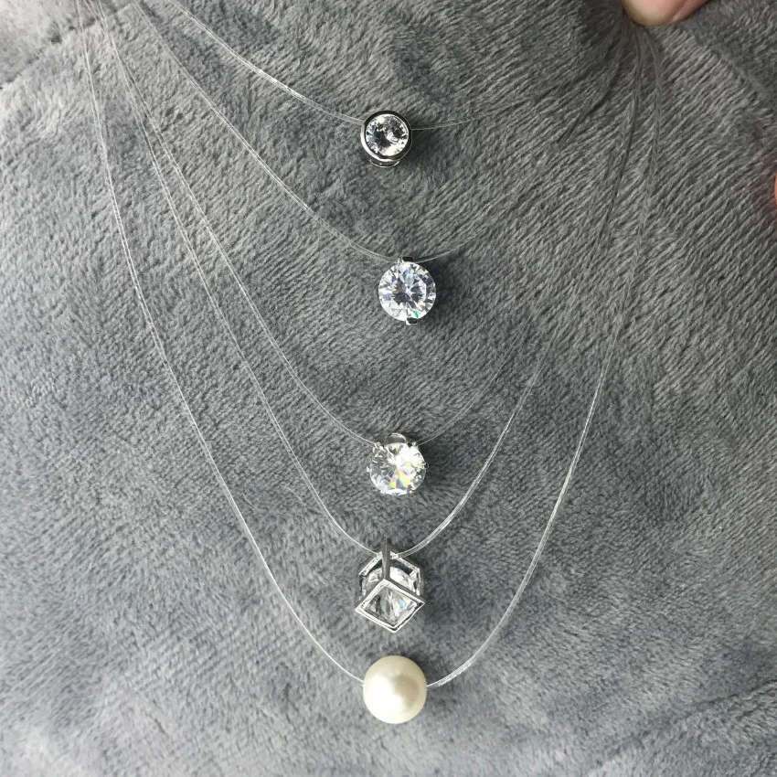Женское прозрачное рыболовное Ожерелье Серебряная невидимая цепочка ожерелье женские Стразы колье-чокер Femme