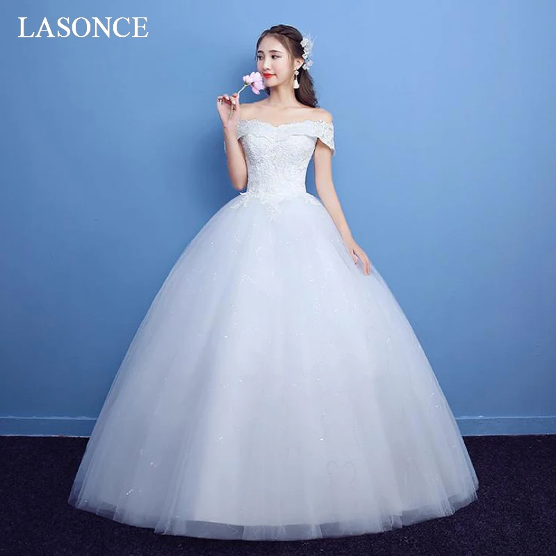 

LASONCE Boat Neck Off The Shoulder Sequined Ball Gown Wedding Dresses Lace Appliques Short Sleeve Backless Bridal Gowns